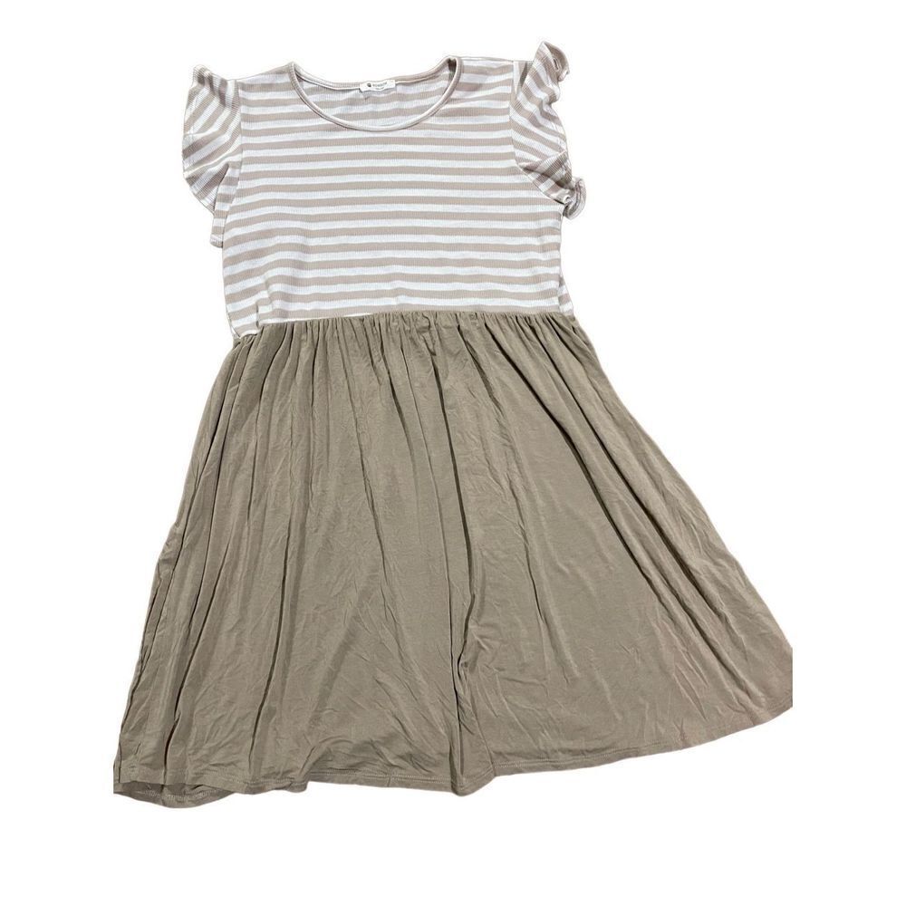Bombom jersey knit soft ruffle short sleeve tan ivory swing dress sz XL …